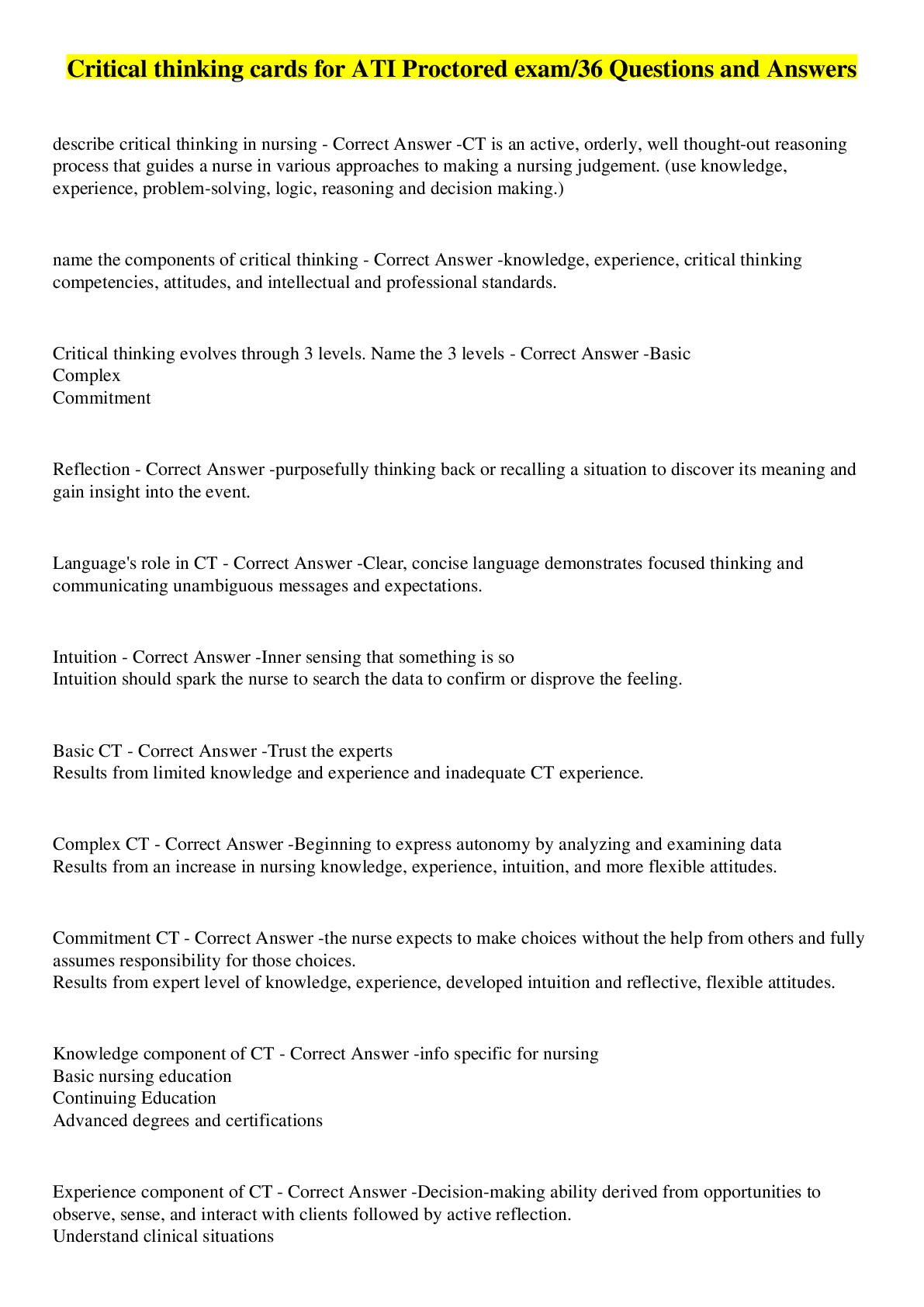 Preview image for Critical thinking cards for ATI Proctored exam/36 Questions and Answers